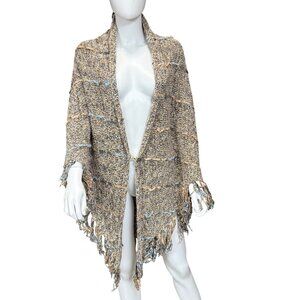 Chicos Open Front Knit Poncho w/ Fringe Hem Multicolor Womens OSFM